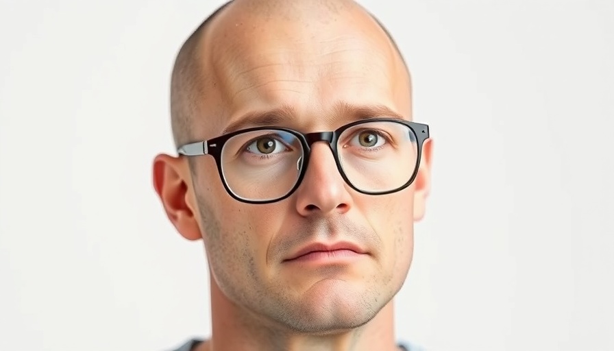 Serious bald man with glasses thinking.