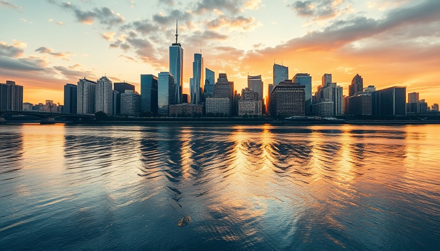 Vibrant city skyline reflecting on water at dusk.