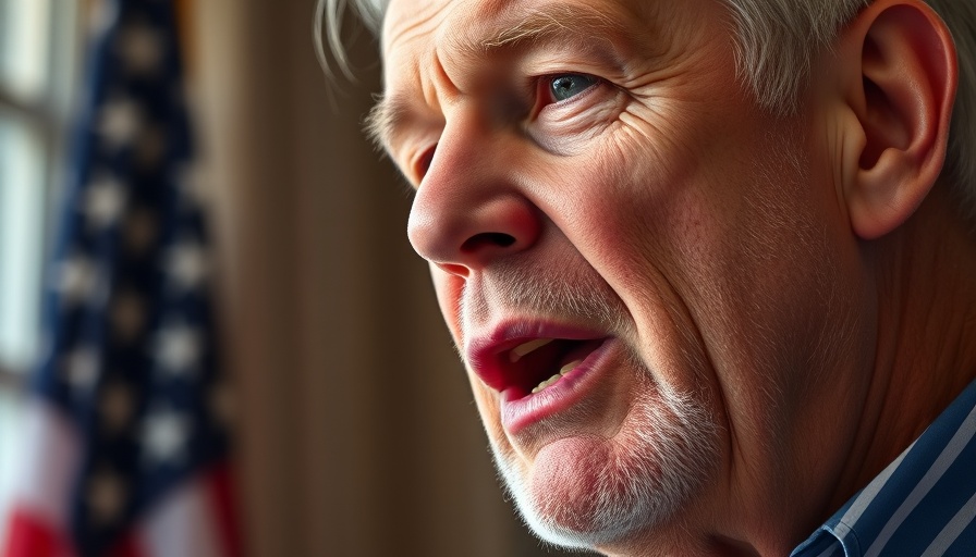 Elderly man speaking with passion, blurred flag backdrop.