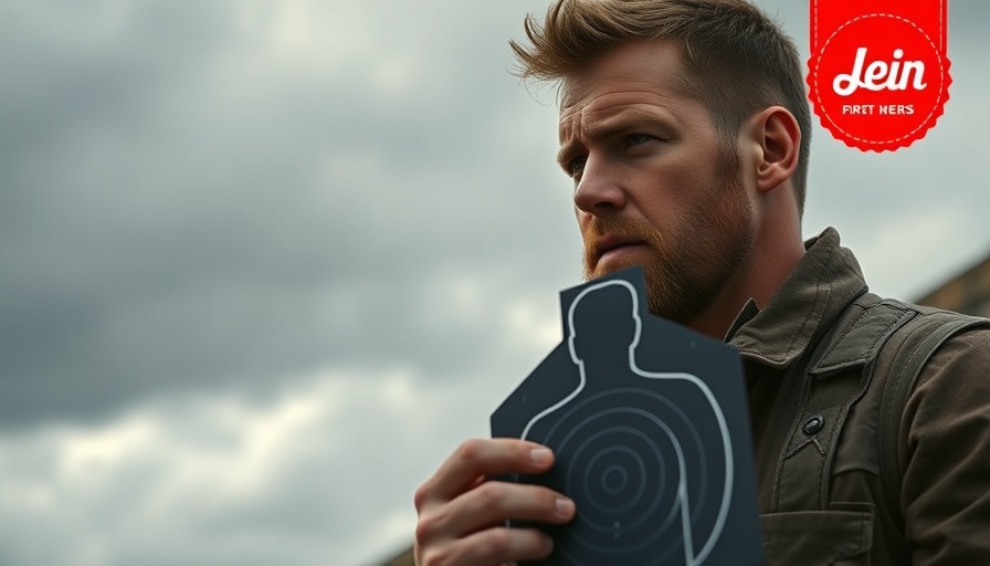 Contemplative man with target poster at shooting range, U.S. Citizenship Test Controversy.