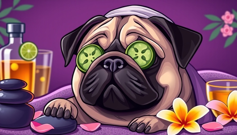 Cartoon pug enjoying spa at luxury pet-friendly hotels, vibrant colors.