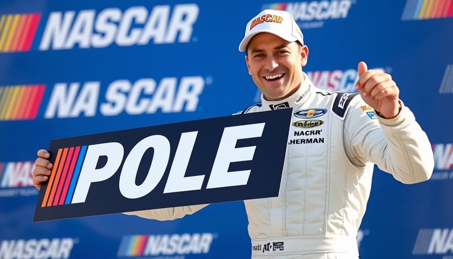 NASCAR Cup Pole Position winner holding award in front of branded backdrop.