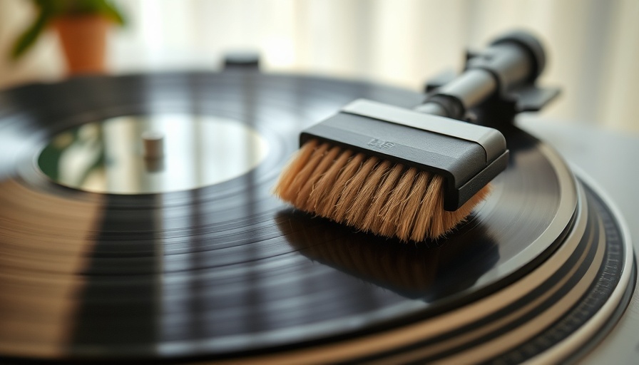 Cleaning vinyl record with brush, detailed close-up, photorealistic.