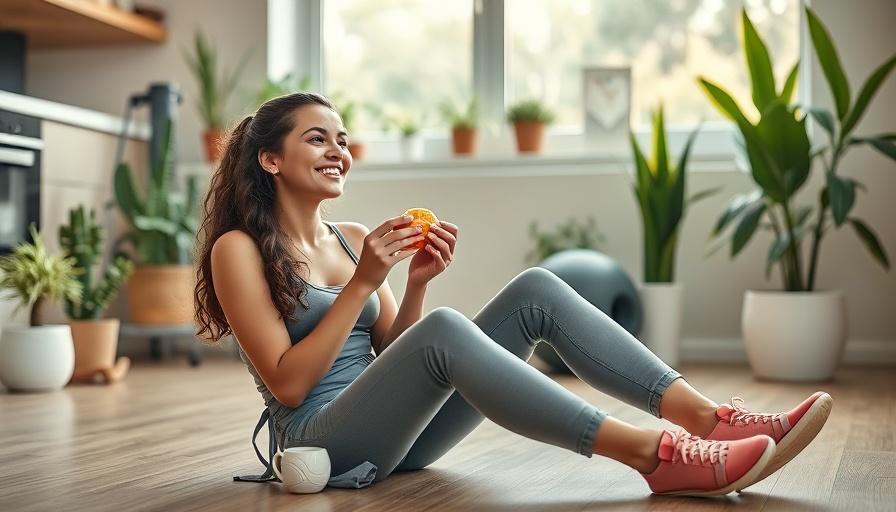 Woman balancing work and health with a snack in a vibrant kitchen.