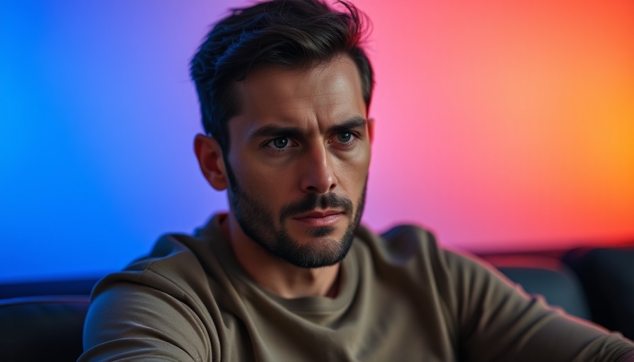 Focused man in a contemplative pose with vibrant background