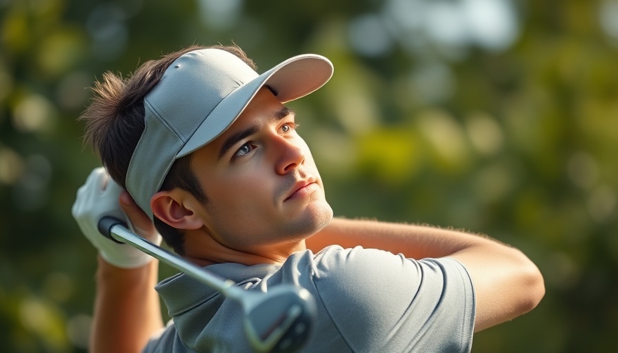 Golfer focusing during swing with lush green background.