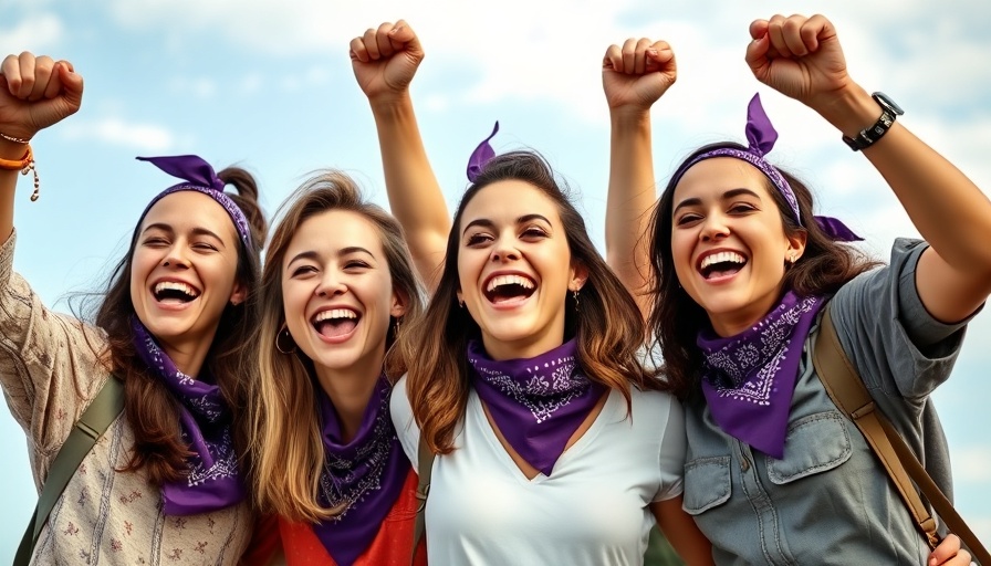 Women's Day Celebrations with joyful participants waving purple bandanas.