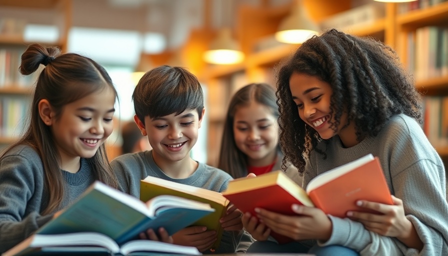 Young students engaged with books in warm-lit library.