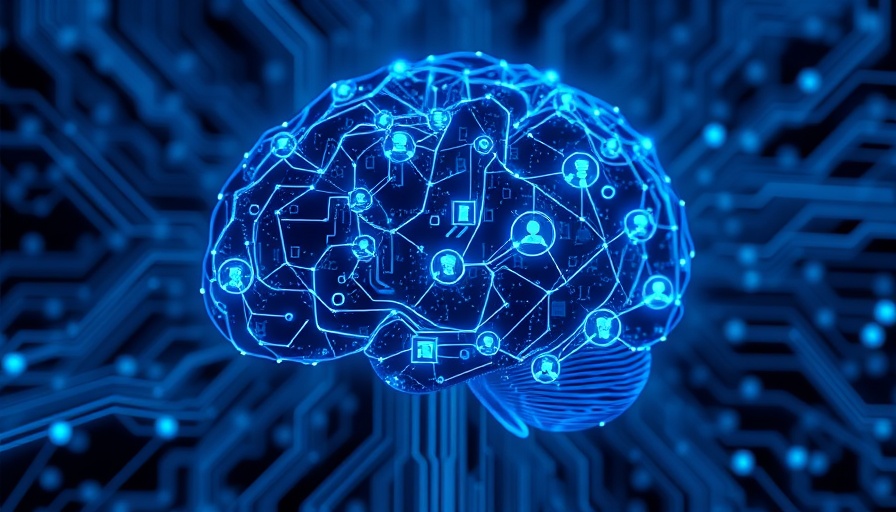 Futuristic digital AI network brain glowing with circuits and data.