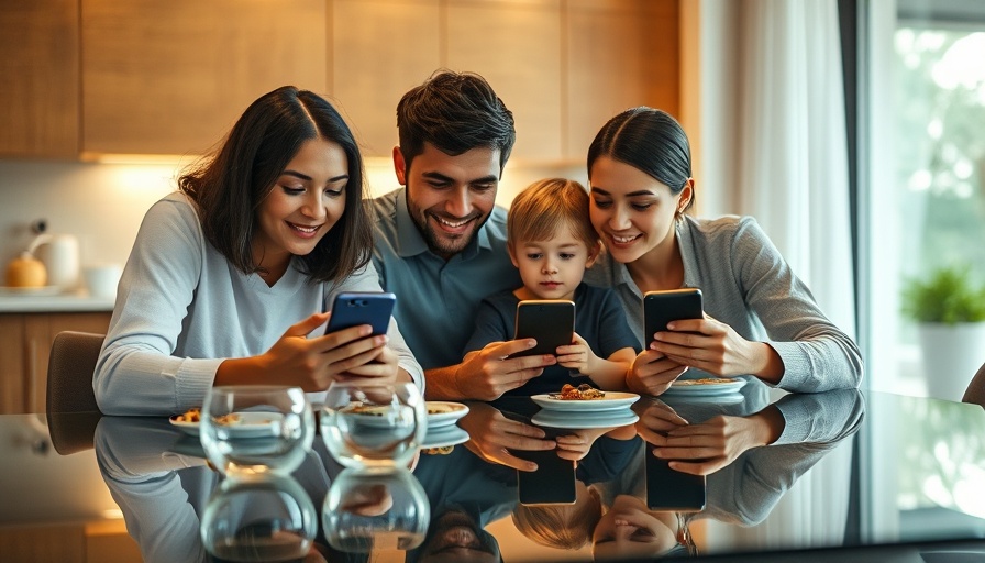 Family engrossed in phones at dinner, child observing, in kitchen.