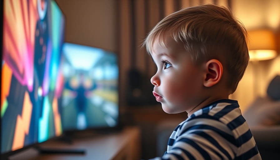 Toddler watching TV screen effects with curious expression in dim living room.