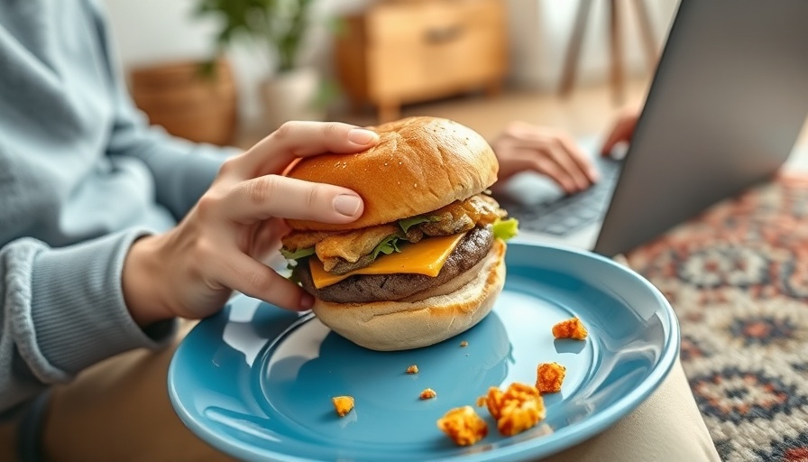 Casual work from home lunch scene with a burger and laptop.