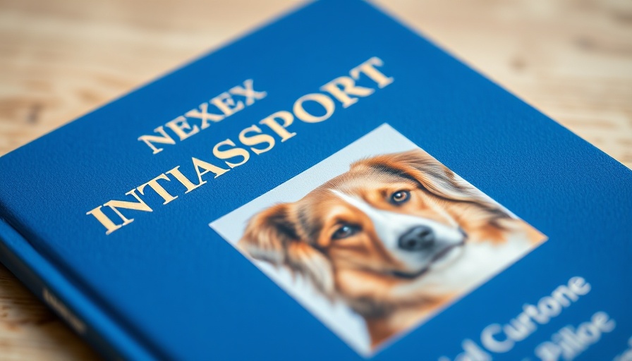 Close-up of blue international pet passport featuring a dog's information