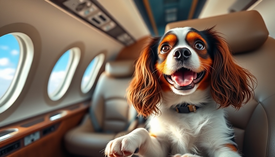 Traveling with pets: joyful dog in airplane cabin.