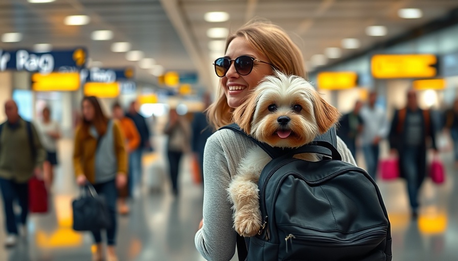 Traveler with a dog at airport, representing traveling with pets.