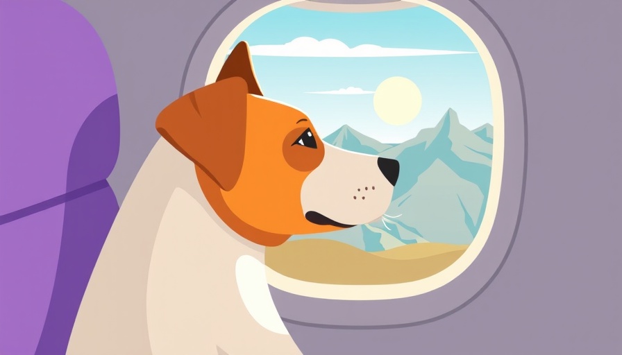 Minimalist dog illustration in airplane with scenic view, pet-friendly travel options.