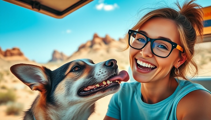 Cheerful woman with dog by colorful adventure van in desert.