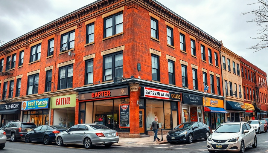 Historic brick building with small businesses in Akron.