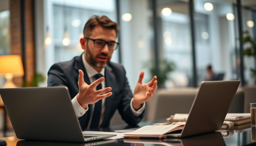 Businessperson gesturing in meeting with laptop about screen time limits.