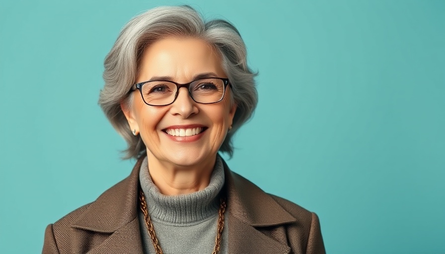 Elegant woman in a bold outfit smiling confidently.