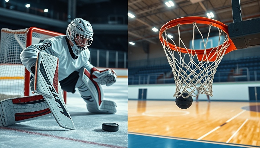 Hockey goalie and basketball scenes, CIAC State Tournament action.