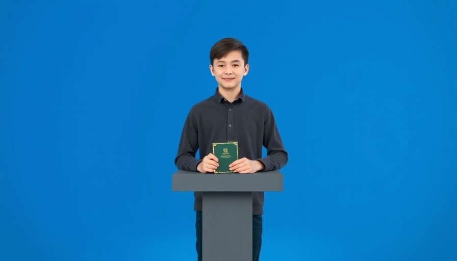 Confident young person speaking at a podium with a medal.