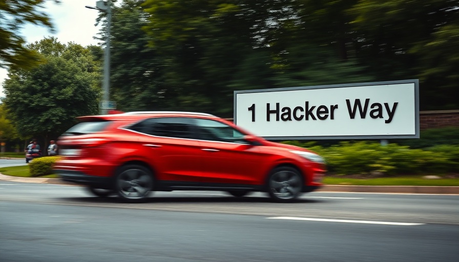 Blurred red car in front of Meta sign at 1 Hacker Way.