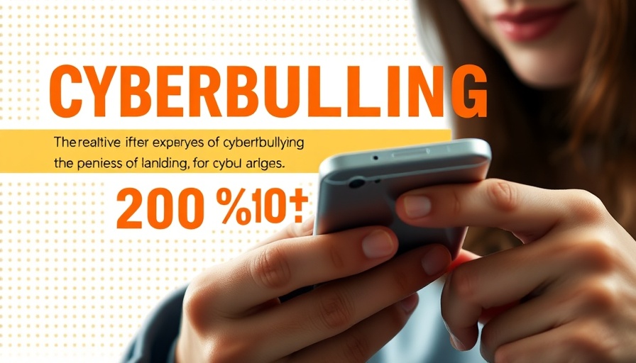 Graphic highlighting cyberbullying statistics with person holding smartphone.