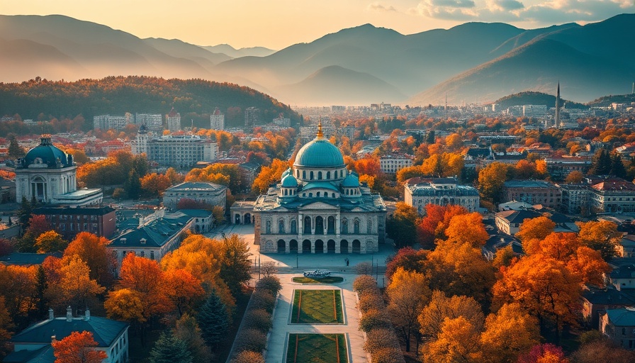 Vibrant autumn cityscape with mosque in Armenia's mountains.