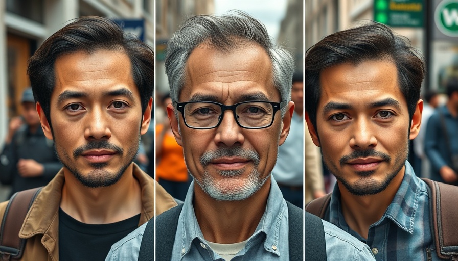 Portraits of three people outdoors with varied expressions, urban setting.