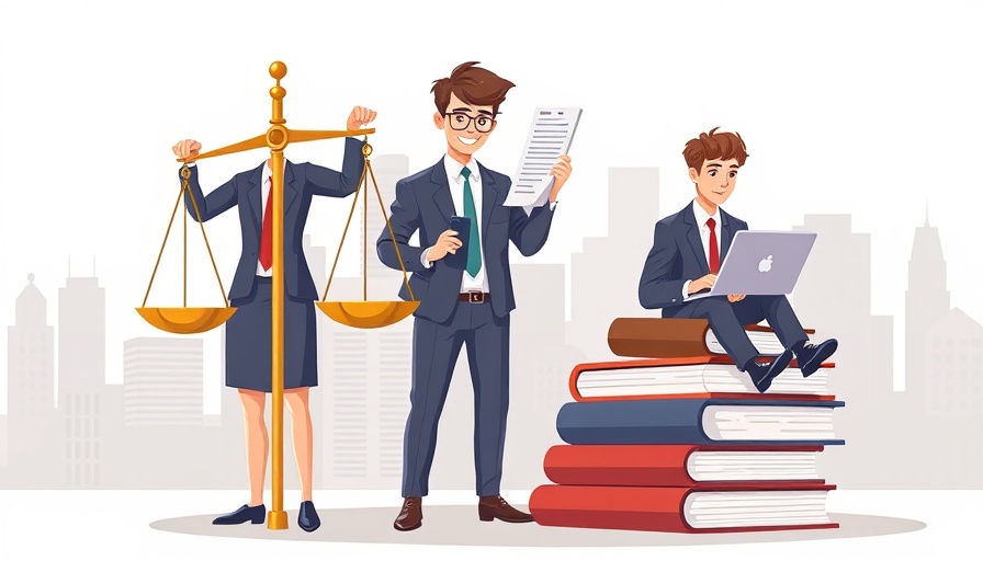 Illustration of legal and compliance staffing with professionals and justice scale.