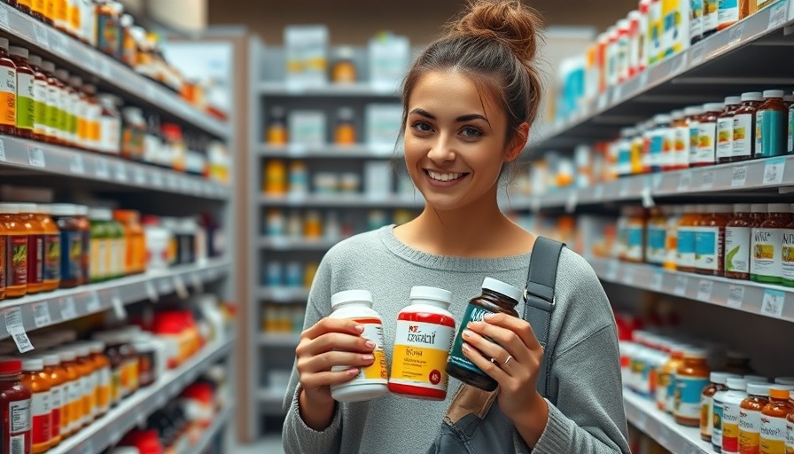 Woman in a pharmacy holding vitamin supplements, showcasing Vitamin Supplement Landscape.