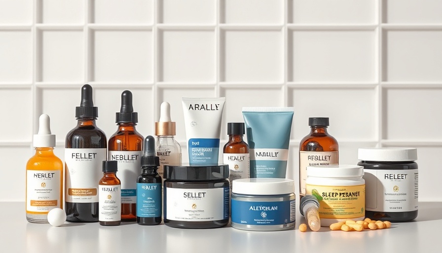 Assorted sleep wellness products on grid backdrop.