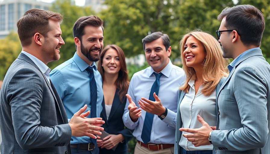 Professionals discussing business strategies outdoors, vibrant city setting