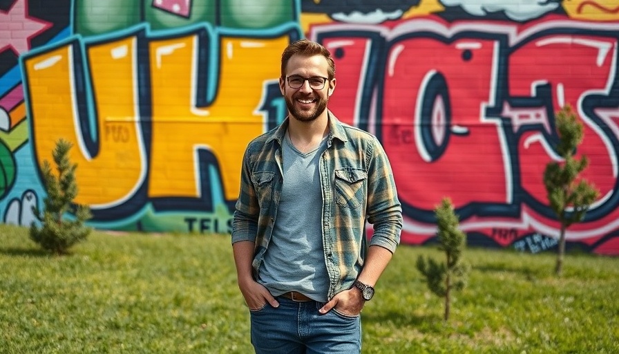 Smiling man in front of colorful mural, outdoor setting, Hershey acquisition LesserEvil.