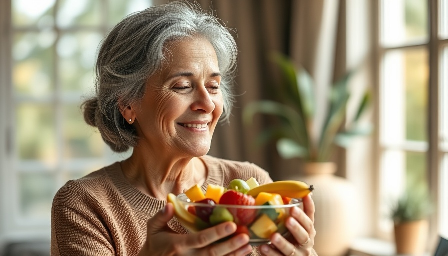 Midlife diet for healthy aging: woman enjoying fruit breakfast.