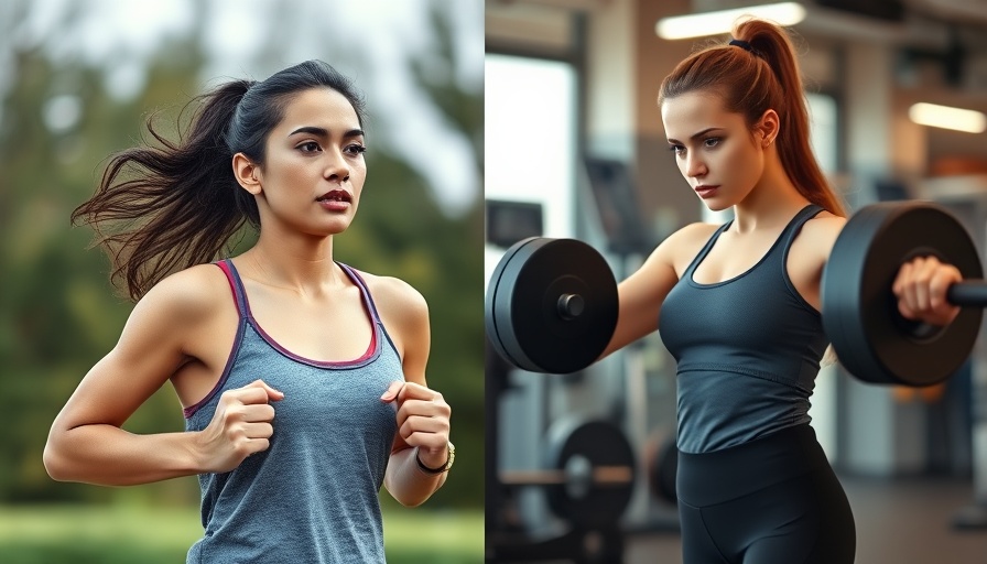 Cardio vs. Weights for Heart Health: Woman jogging and lifting weights.