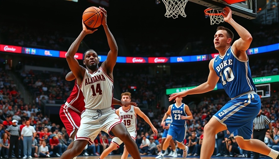 Alabama versus Duke basketball game action, crowded arena.