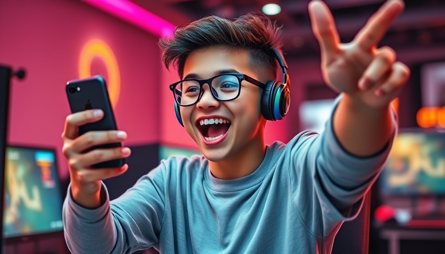 Young gamer celebrating smartphone game win in vibrant setup.