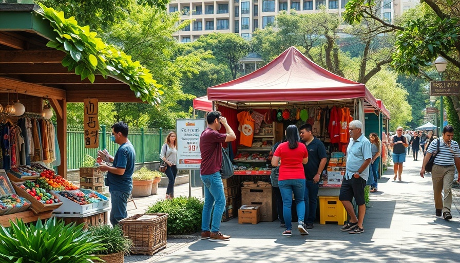 Lively market scene with vendor tents and people outdoors.