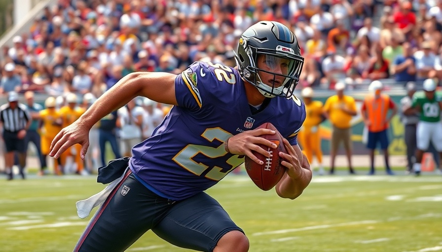 NFL player in flag football action, gripping football energetically.