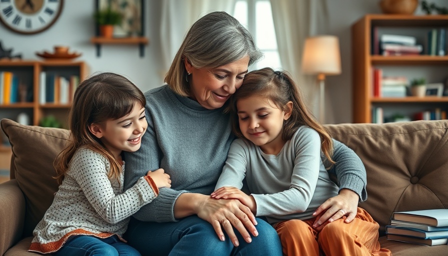 Mother comforting daughters on sofa, Long COVID overview theme.