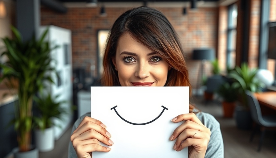 Woman in office masking true feelings, relating to toxic workplace culture.