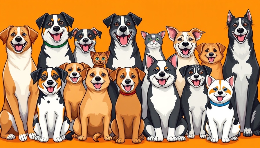 Happy pets sitting together in front of a bright orange background, pet insurance in India.