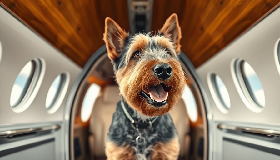 Airedale Terrier on private jet steps, best airlines for traveling with pets.