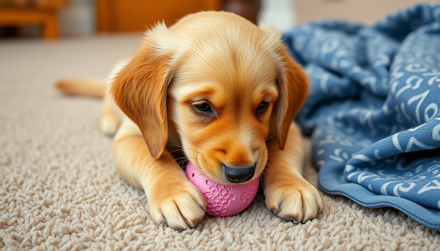 Playful golden retriever puppy with pink toy indoors, associated with CDC international pet travel rule waiver.