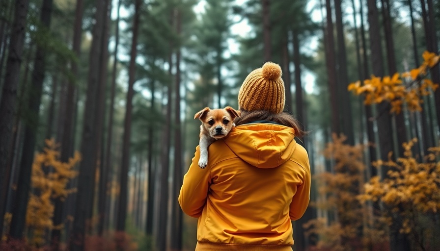 Woman with dog in forest, showcasing pet travel accessories.