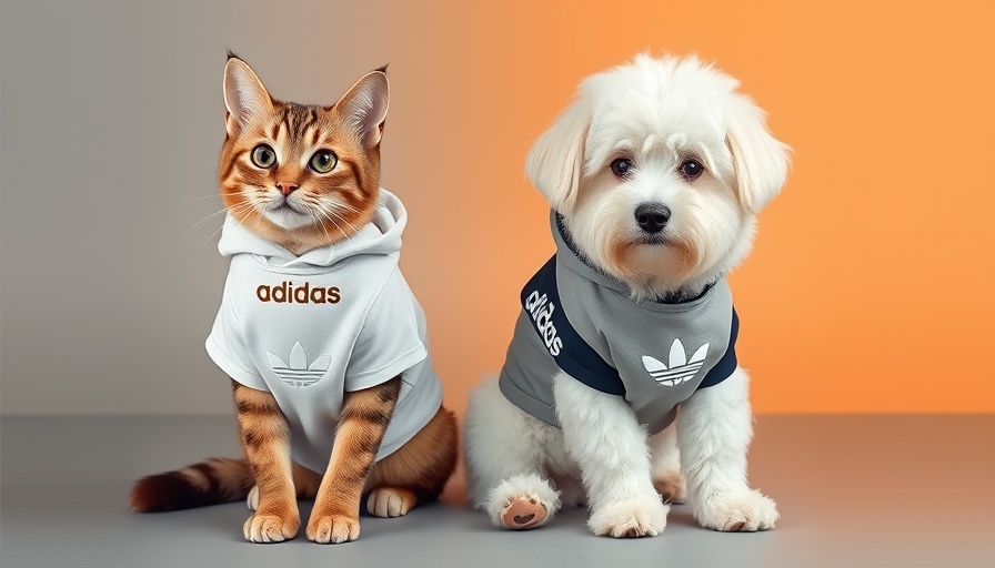 Adidas Originals pet collection featuring cat and dog in stylish outfits.