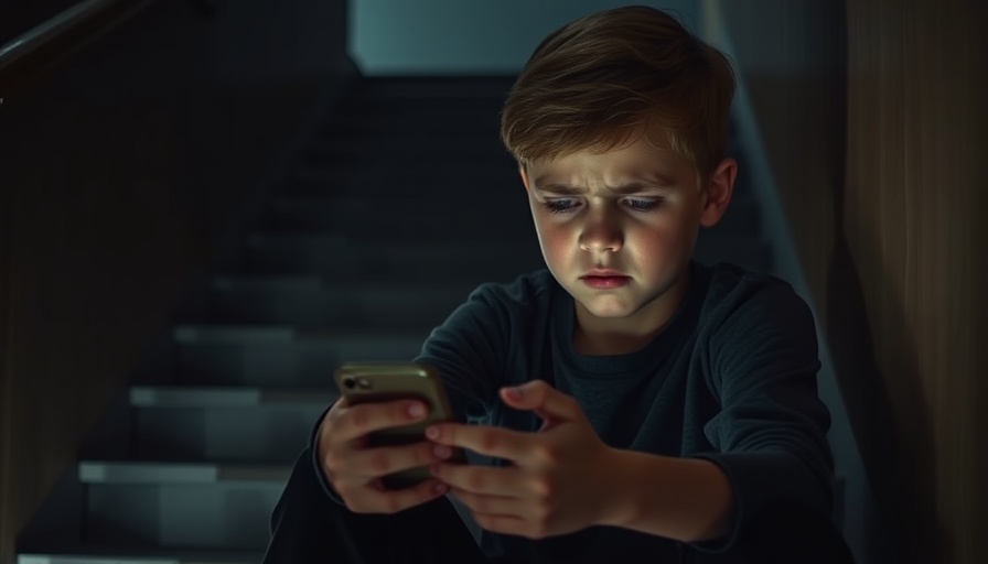 Distressed boy with smartphone on stairs highlighting cyberbullying issue.