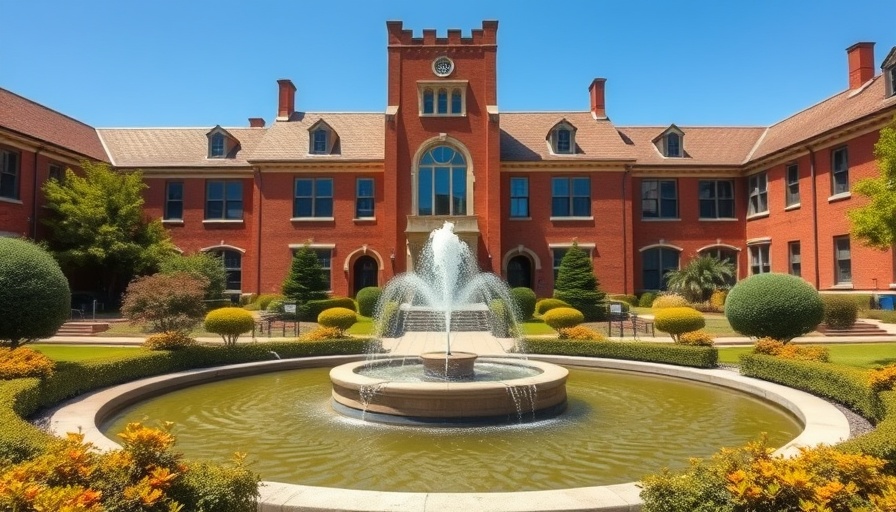 Historical university building with fountain, rural mental health workforce setting.